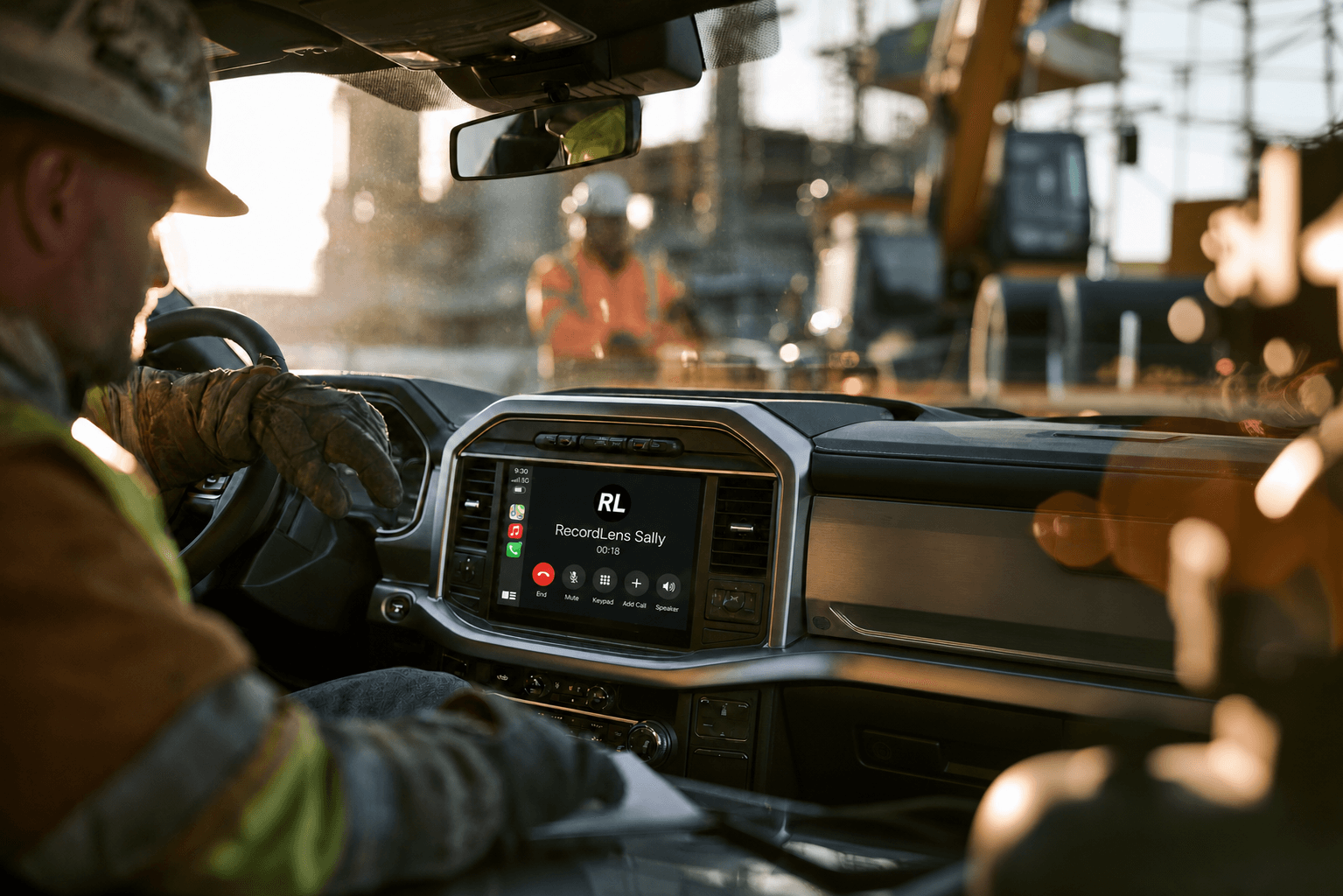 A construction worker calling RecordLens Sally from a work truck.